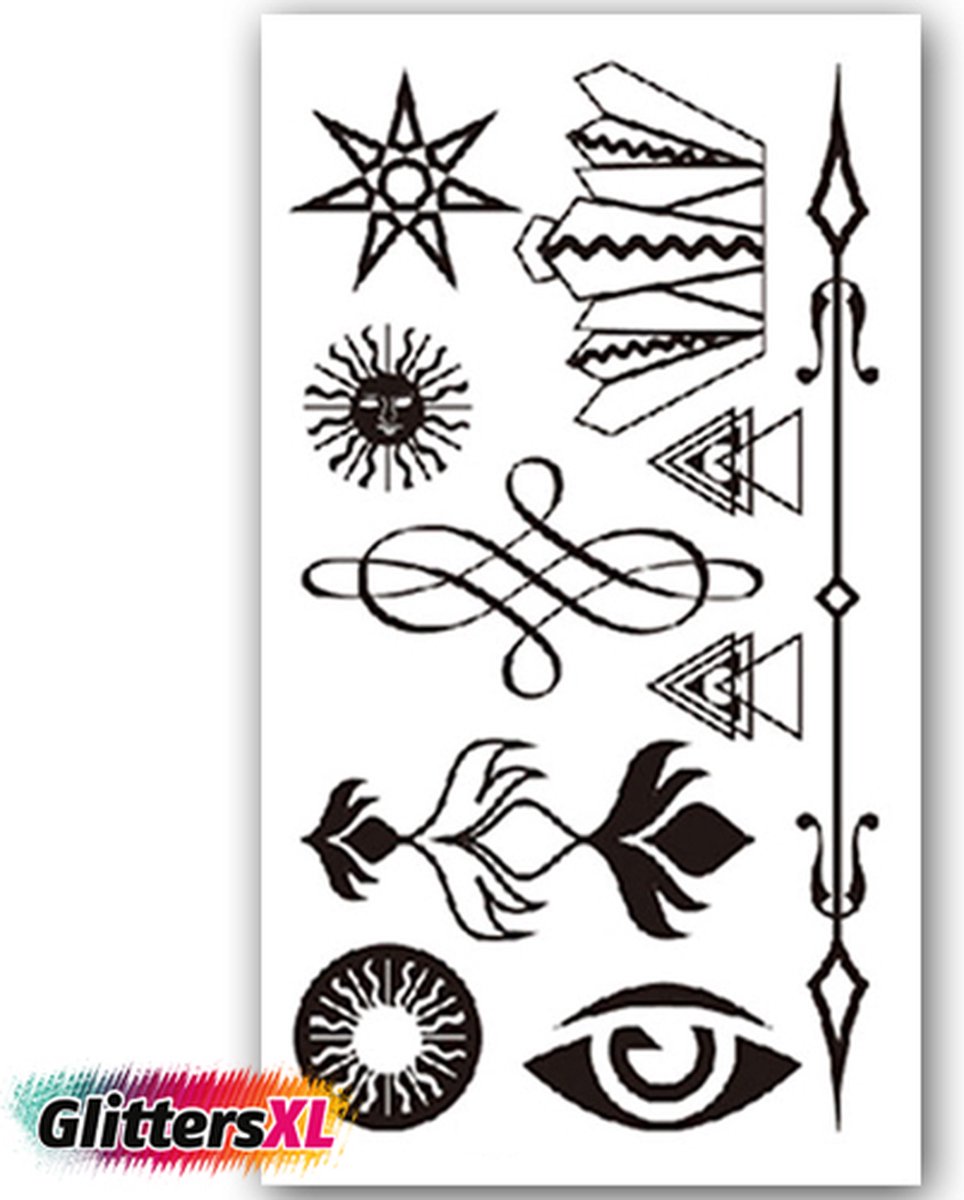 GlittersXL - Temporary Tattoo Kroon/Ster/Zon/Oog (11x6cm) [Neptattoo - Tijdelijke tatoeage - Nep Fake Tattoos - Water overdraagbare festival sticker henna outfit tattoo - Glitter tattoo - Volwassenen Kinderen Jongen Meisje]